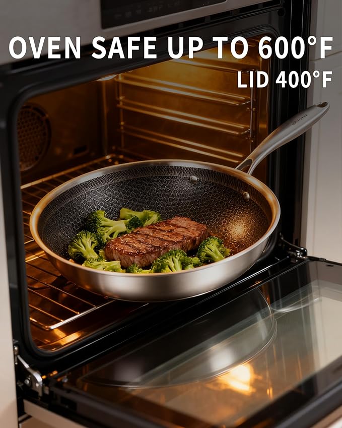 LOLYKITCH Hybrid 10 Inch Tri-Ply Stainless Steel Wok Pan with Lid,Ceramic Non Stick Stir Fry Pan,Induction Cooking Pan,Dishwasher and Oven Safe,Riveted Handle