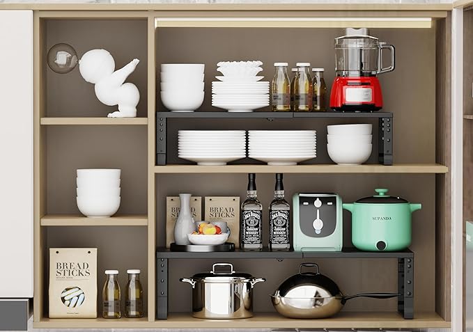 Expandable Stackable Spice Rack Organizer for Kitchen Cabinet,Adjustable Counter Shelf, countertop, Pantry,Cupboard,Bathroom,Bedroom(2Packs/Black/Medium)