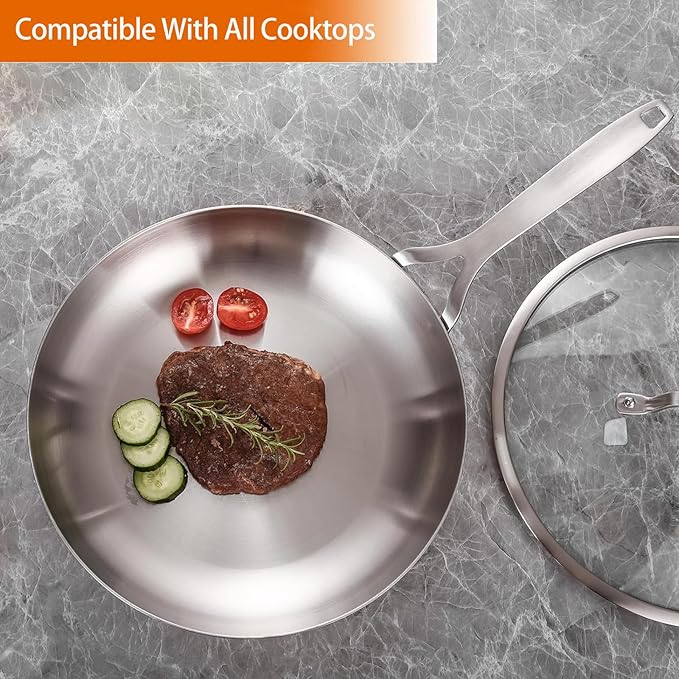 DELARLO Tri-Ply Stainless Steel 8 inch Frying Pan With Lid, Oven Safe Induction Skillet, Suitable for All Stoves Up to 600?됵펷Lids 300?됵펹