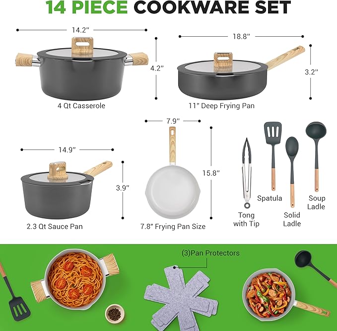 NutriChef 14-Piece Non-Stick Ceramic Cookware Set - Induction Safe Pots and Pans with Glass Lids, Cool-Touch Handles, Even Heat Distribution, Dishwasher Safe, Includes Ladle, Tong, Spatula (Black)