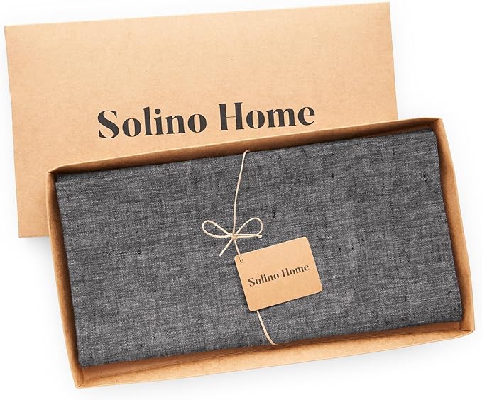 Solino Home Linen Cloth Tablecloth 52 x 52 Inch - 100% Pure Linen Chambray Black Square Tablecloth - Athena, Machine Washable Table Throw for Winter