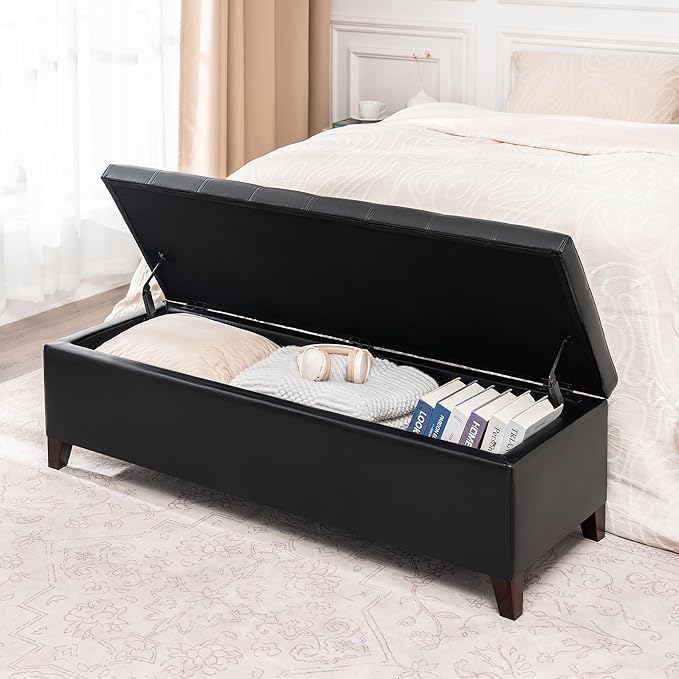 DECO DE VILLE Ottoman with Storage, 51 Inch End of Bed Storage Ottoman Bench, Faux Leather Upholstered Ottomans with Hinged Lid, Rectangle Long Foot Rest Bench for Entryway Living Room Bedroom Black