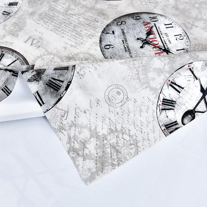 Vinyl Table Cloth Small Square Tablecloth, Wipeable Spillproof Plastic Oilcloth Table Cover, Waterproof PVC Tablecloths for Card Tables, Bistro Tables, Picnic 54 x 54 Inch 4ft Inch Grey Retro Clock