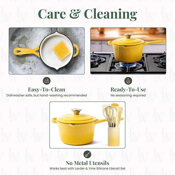 Larder & Vine Enameled Cast Iron Saucepan | 2.2 qt Sauce Pan with Lid | Saucepan with Pour Spouts | Enameled Cast Iron Pot Compatible on All Cooktops & Oven Safe to 500째 F | Limoncello