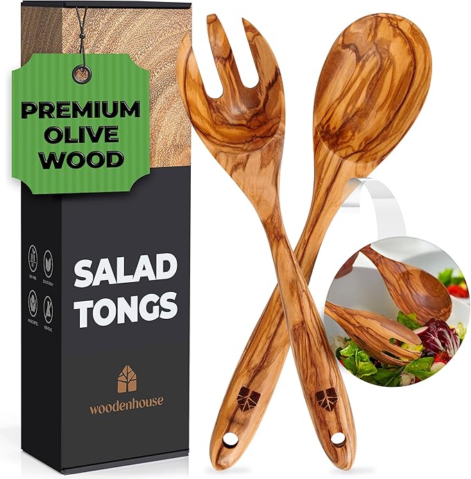 Salad Tongs for Serving, Spoon Salad Utensils Set from Olive Wood, 12 inches Wooden Fork and Spoon for Mixing, Tossing & Cooking