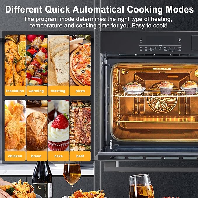 24" Built-in Single Wall Oven, 2.5 Cu.Ft (70L) Capacity - Electric Oven with Steam Bake, Air Fry & 3D Convection, Touch Controls, Timer, Safety Lock, Triple-Layer Glass Door, 3000W 240V, Black
