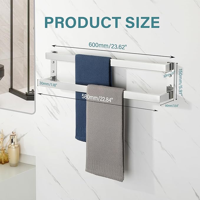 Alise Double Towel Bar 24", SUS304 Stainless Steel Towel Racks for Bathroom Wall Mounted, Heavy Duty Bathroom Towel Holder, Space Saving Towel Hanger, Polished Chrome