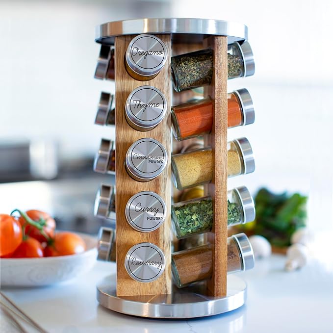 Orii 20 Jar Spice Rack with Spices Included - Tower Organizer for Kitchen Spices and Seasonings, (Natural Acacia Wood)
