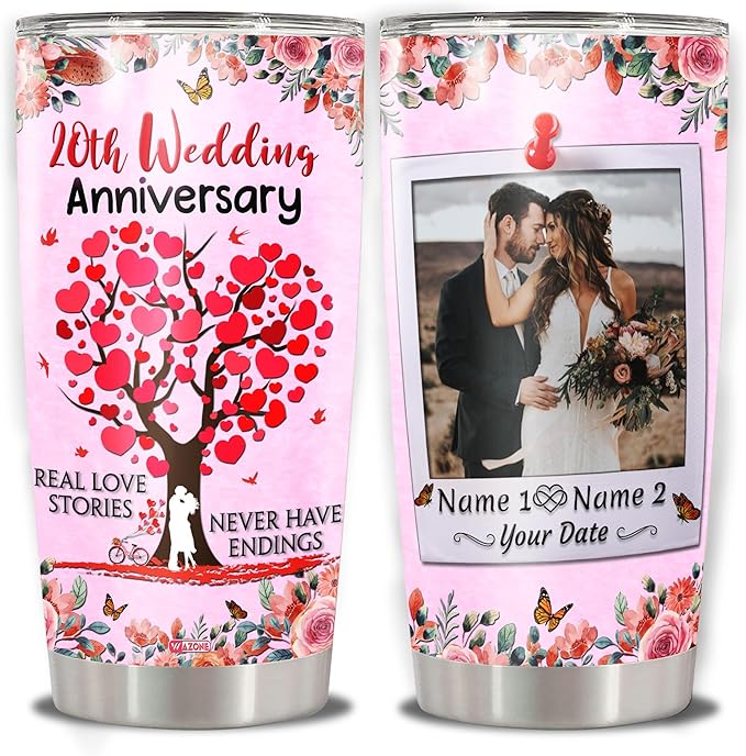 WAZONE Personalized Wedding Anniversary Tumbler Customized Name Double Walled Vacuum Insulated With Lid Stainless Steel Coffee Cup Travel Mug 20 30 Oz Gifts For Men Women Valentine Christmas