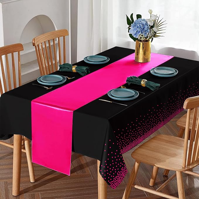 MASHAN 16Pack Disposable Plastic Party Tablecloths and Satin Table Runner Set - Black Hot Pink Dot - Wedding, Birthday, Baby Shower, Anniversary, Holiday Party Decorations