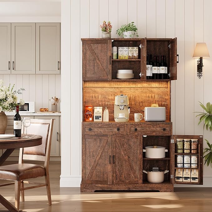 ELYKEN 71" Tall Ktchen Pantry Cabinet with Charging Station & LED Lights, Farmhouse Kitchen Hutch Cabinet with Microwave Stand & Large Countertop for Dining Room Living Room, Brown