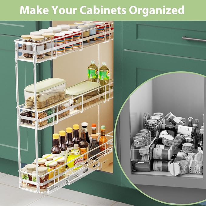 Pull Out Spice Rack Cabinet Organizer 6" W x 20쩍" D, 3 Tier Heavy Duty Slide Out Wood Shelf for Narrow Cabinet, Pull Out Storage for Kitchen
