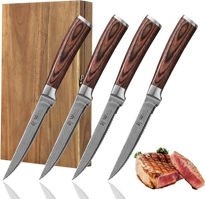Wakoli EDIB 4-Piece Damascus Steak Knife Set ??Professional Dining Kitchen Knives with VG10 Core Blades, 67-Layer Damascus Steel & Ergonomic Pakkawood Handles ??Premium Steak Cutlery in Gift Box