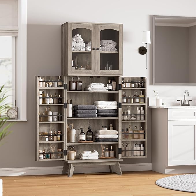 QUW 63.4" Kitchen Pantry Storage Cabinet, Tall Pantry with Glass Doors and Adjustable Shelves, Modern Freestanding Floor Cabinet Cupboard for Kitchen, Living Room, Dining Room, Grey