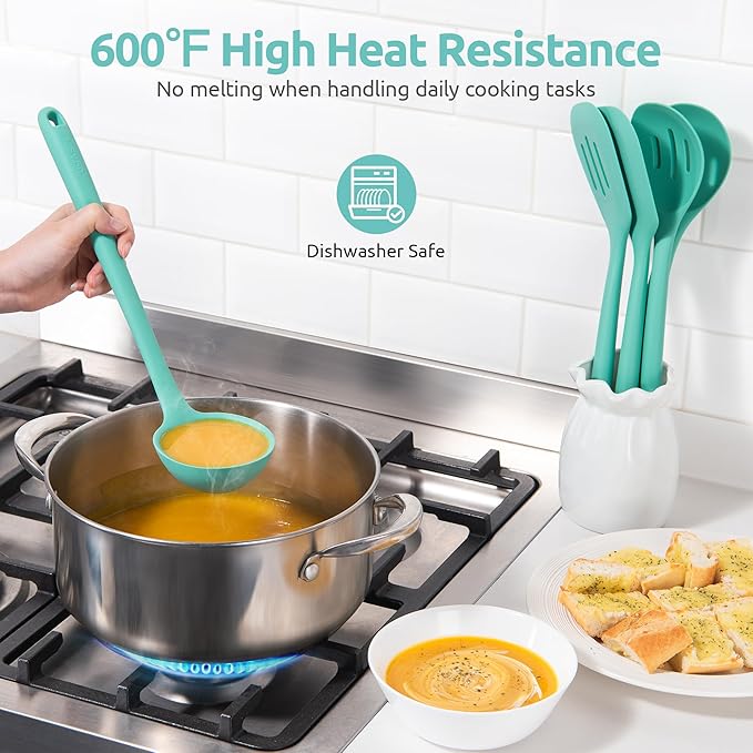 600쨘F Heat Resistant Kitchen Utensil: U-Taste 13.6" Extra Long Silicone Cooking Tools Set, Food-Grade Non-Stick Solid and Slotted Turner Spatula, Mixing Spoon, and Soup Ladle (5 Pieces, Aqua Sky)