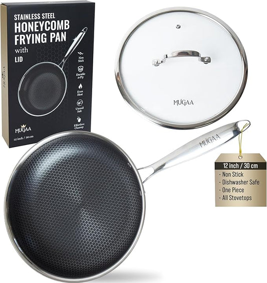 12??Non-Stick Stainless Steel Frying Pan with Lid | Honeycomb Hybrid Skillet for Induction, Gas & Electric Stovetops | Oven Safe, Dishwasher Safe | Premium Gift Packaging
