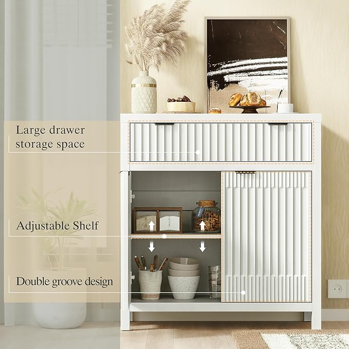 FLOWBACK Fluted Buffet Cabinet with Storage,34" Tall Kitchen Sideboard Cabinet Modern Credenza with Fluted Doors & Shelves Farmhouse Coffee Bar Media Console Accent Cabinets for Living Room, Entryway