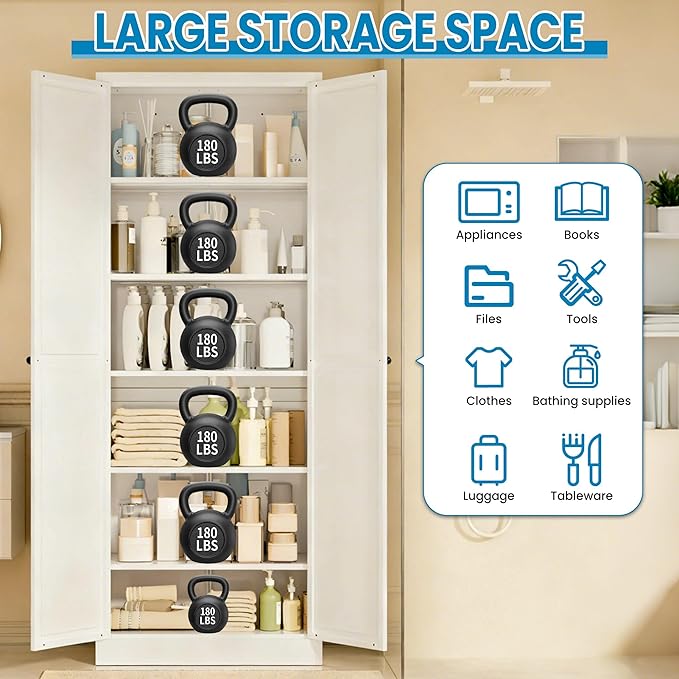 72" H White Steel Pantry Storage Cabinet with 5 Adjustable Shelves, 6-Tier Tall Metal Cabinets for Kitchen, Living Room, Garage, Heavy Duty Freestanding Utility Cabinet, Assembly Require