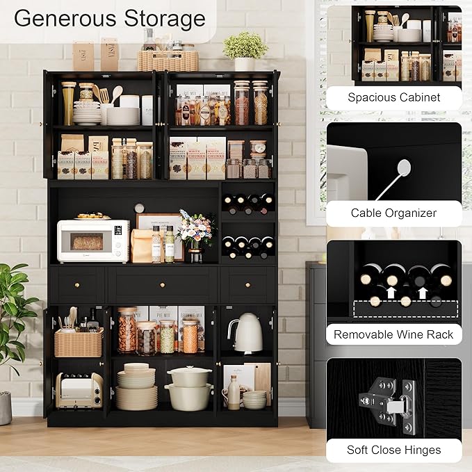72" Tall Black Pantry Cabinet, Kitchen Hutch with Wine Rack, Microwave Stand, Buffet Cabinet with Hutch for Dining Room Kitchen, Home Bar Black
