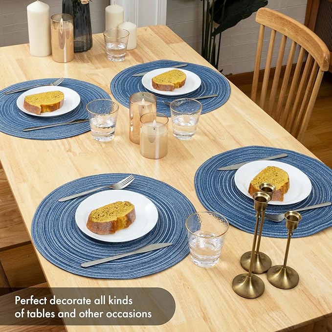 Winknowl Round Braided Placemats Set of 4 Washable Woven Heat Resistant Table Mats for Kitchen Dining Tables 15 inch Round Place Mats (Seascape Blue,4)