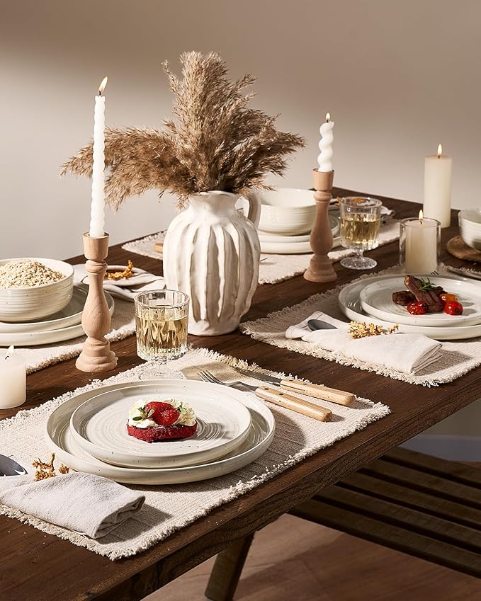 Stoneware Dinnerware Sets, Plate and Bowl Sets for 8, 24 Pieces Spiral Flared Dishware Set with Speckles & Reactive Glaze - Microwave and Dishwasher Safe Tableware, Shell Beige