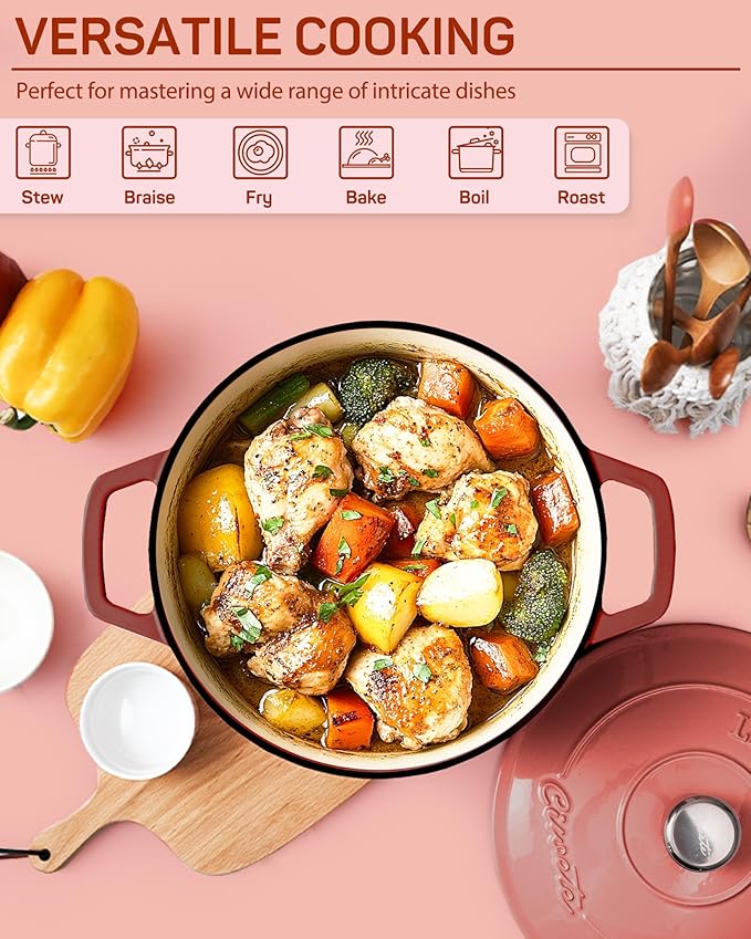 Enameled Cast Iron Dutch Oven ??6 Quart Pot with Lid & Potholders ??Heavy-Duty Cookware for Bread Baking, Braising, Stews & Roasting ??Oven & Stovetop Safe up to 500째F ??Red