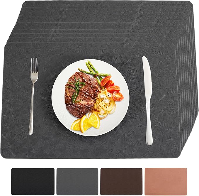Bxzandya Vinyl Placemats Set of 12 Heat Resistant Easy Clean Non-Slip Place Mats for Dining Table Faux Leather Waterproof Stain Resistant Wipeable Washable PVC Table Mats(12, Gray)