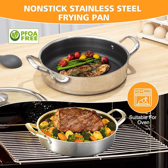Saute Pan,10 Inch Nonstick Deep Frying Pan,316L Stainless Steel Saut챕 Pan with Lid,Induction Cooking Pan,PFOA Free Cookware,Dishwasher & Oven Safe