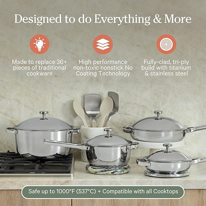 Our Place Titanium Pro Cookware Set | 10-Piece Pots and Pans Set with Always Pan Pro, Perfect Pot Pro & Minis | Non-Toxic No-Coating Nonstick | Induction & Oven-Safe up to 1000째F | Chrome