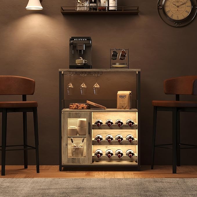 Vintage Industrial Wine Bar Cabinet with Adjustable Wine Racks and Glass Holders, Mesh Door Sideboard Storage Cabinet for Living Room, Kitchen, Dining Room, Compact Design, Easy Assembly,Gray