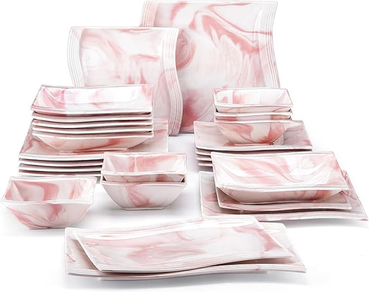 MALACASA Plates and Bowls Sets, 26 Pieces Pink Dinnerware Sets for 6, Porcelain Dinnerware Set with Dinner Plates and Bowls, Serving Platters, Square Dishware Sets, Modern Dish Set, Series Flora