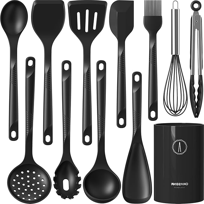 Silicone Cooking Utensils Set - 600째F Heat Resistant, Nonstick Kitchen Utensil Set with Spatulas, Spoons, Whisk, Tongs, BPA Free, Dishwasher Safe, Black