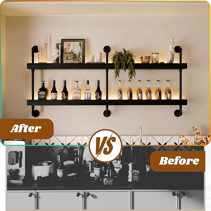 Wall Mounted Wine Rack with LED Light, LED Industrial Pipe Liquor Bar Shelves, 2-Tier Rustic Hanging Organizer for Wine Bottle Storage in Kitchen, Bar, Pub, Cellar(Black, 60 Inch)