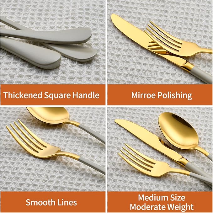 20 Piece Gold and Grey 18/0 Flatware Utensil Set for 4, Include Dinner Knife,Dinner Forks,Dinner Spoons,Salad Forks,Teaspoons,Silverware Set for 4, Dishwasher Safe