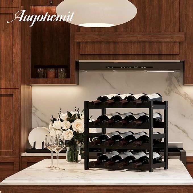 Wine Rack竊똁amboo Wine Storage Cabinet Shelf竊똂ountertop Wine Shelf- Freestanding Wine Holder for Kitchen & Pantry (Black, 4-Tier)