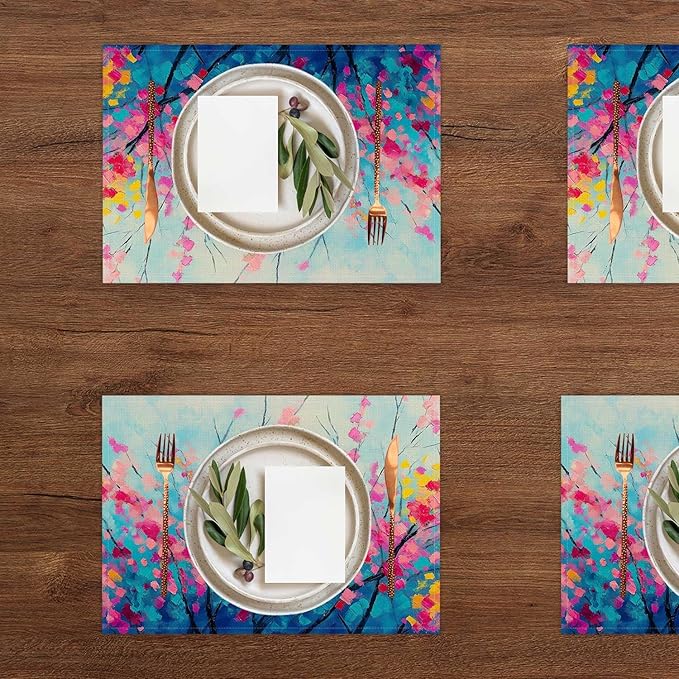Jauageon Spring Summer Floral Placemat Set of 4 Placemats Flower Branch Table Mats for Indoor Outdoor Home Party Kitchen Dining Decor Farmhouse Burlap Table Mats 12x18 Inch