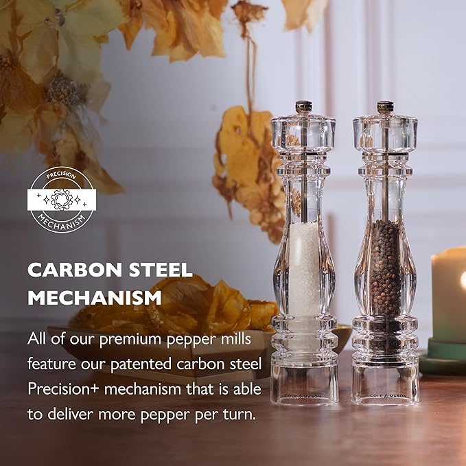Cole & Mason London Refillable Spice Mill - Kitchen & Home Accessory - Table Black Pepper Grinder - Pepper Mill with Carbon Steel Mechanism - 12", Acrylic