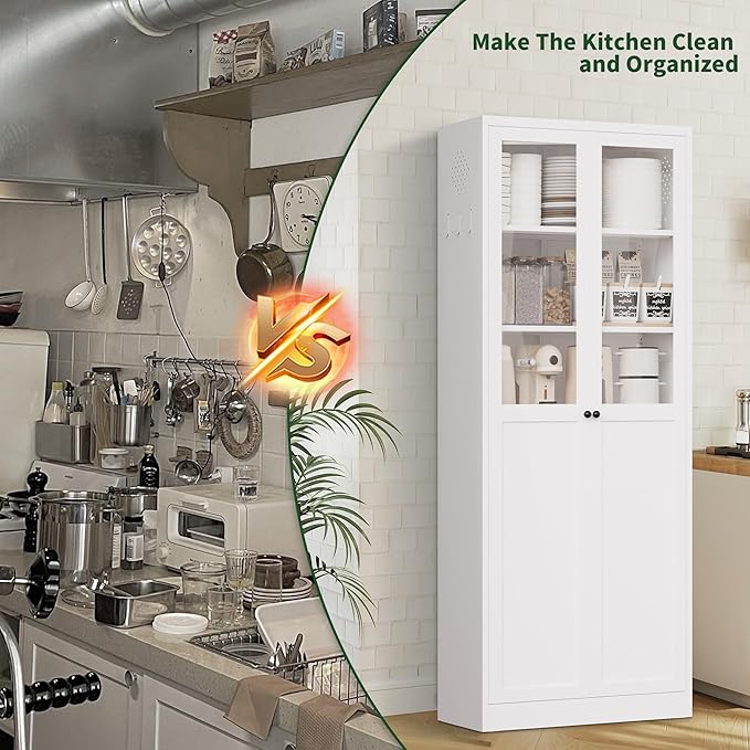 72" Tall Kitchen Pantry Cabinet,White Metal Pantry Cabinet with 2 Doors & 5 Adjustable Shelves,Utility Storage Cabinet Rust-Resistant for Living Room,Dining Room,Bathroom,Garage,Basement