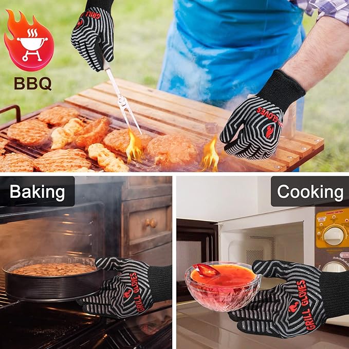 QUWIN BBQ Gloves, Oven Gloves, 1472??Extreme Heat Resistant,Grilling Gloves Silicone Non-Slip Oven Mitts, Kitchen Gloves for BBQ, Grilling, Cooking, Baking-1 Pair??(Black, One Size Fits Most)