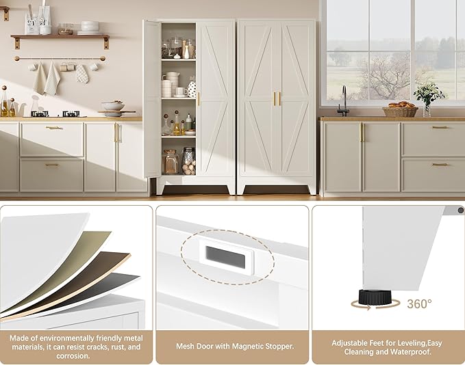 61" H Metal Pantry Cabinet,White Storage Cabinet with Doors,Freestanding Kitchen Pantry Cabinet,Farmhouse Food Storage Cabinets,Tall and Large Pantry Cabinets for Dining Room, Living Room