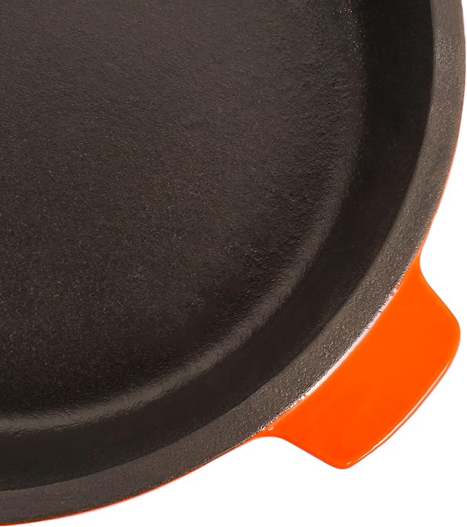 BergHOFF Neo 3Pc Enameled Cast Iron Cookware Set, Fry Pan 10 inches, Grill Pan 11 inches, Slotted Steak Press, Fast, Evenly Heat, Oven safe (Orange)