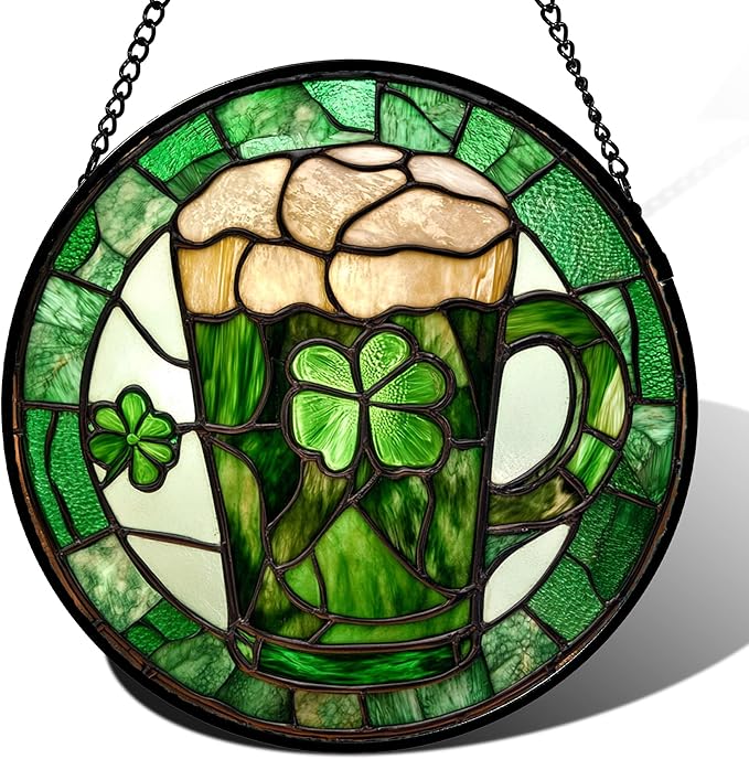Stained Glass Window Hanging Green Clover St. Patrick's Day 7.8" - Suncatcher Door Garden Sun Catcher Irish Decoration Birthday Christmas for Woman Nana Friend Men