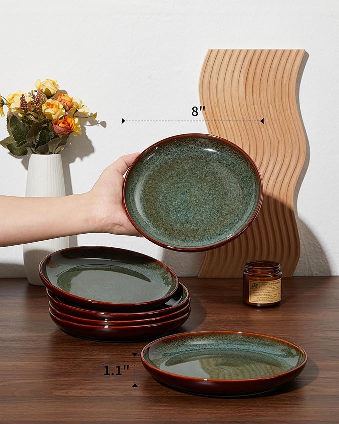 Stoneware Dessert Pates 8 Inch, Microwave Safe Plates, Reactive Glaze Small Dinner Plate, Scratch Resistant and Dishwasher Safe, Brown Green
