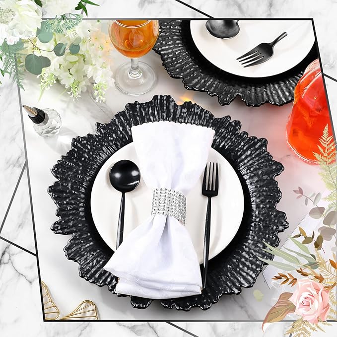 Tanlade 100 Pcs Reef Charger Plates Bulk 13 Inch Plastic Wedding Chargers Floral Decorative Plates with Metallic Ruffled Rim for Wedding Party, Holiday Event Supplies(Black)