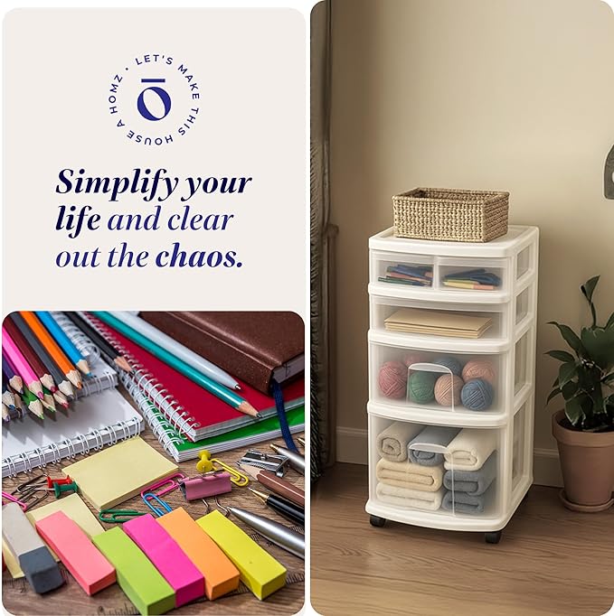 HOMZ Drawer Tower, 4-Tier Clear Plastic Storage Organizer Cart, White Frame ??Rolling Containers with Wheels for Bathroom, Bedroom, Office, and Classroom Organization