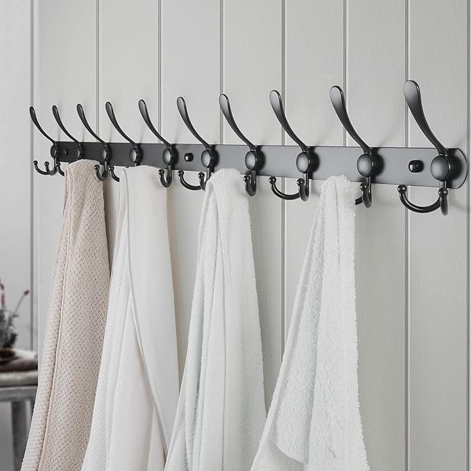 Dseap Coat Rack Wall Mount - 38??Long 10-Tri-Hooks Heavy Duty Coat Hanger Rail Wall Hooks for Hanging Coats Hats Clothing Clothes Purse Mudroom Entryway, Black, Pack of 2