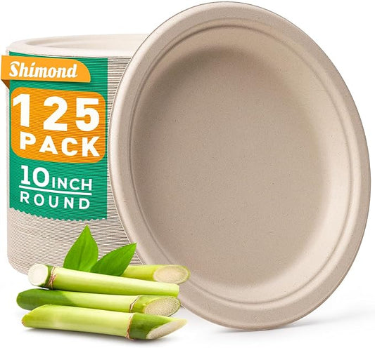 100% Compostable Plates 10 Inch 125 Pack Disposable Plates Bulk Heavy-Duty Dinner Plate Natural Biodegradable Sugarcane Plate for Party Picnic