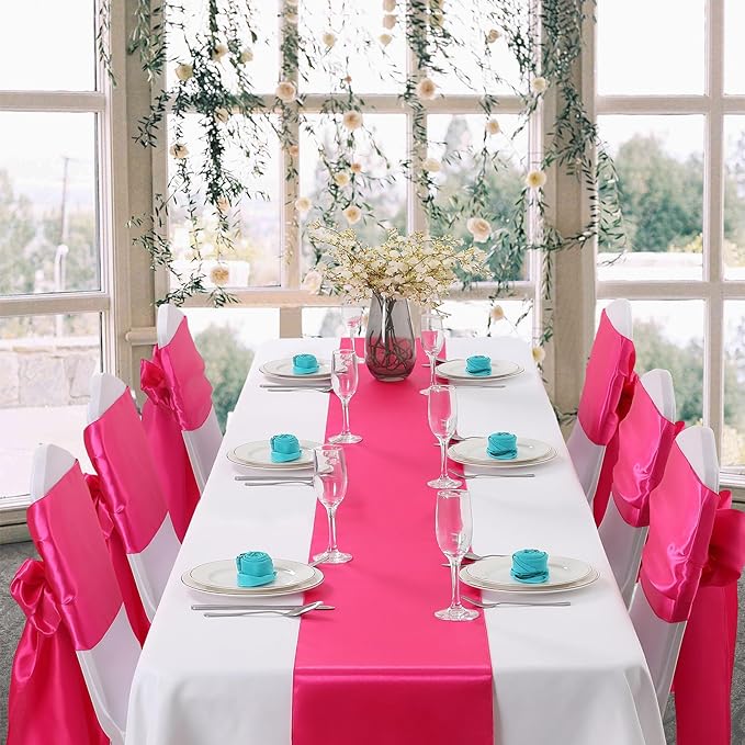 Horbaunal 6 Pack Satin Runners 12 x 108 Inch Bright Silky Smooth Satin Table Runners for Birthday Wedding Party Banquets, Hot Pink