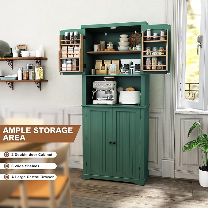 HLR 72" Kitchen Pantry Storage Cabinet, Freestanding Larder Cupboard, Kitchen Hutch Cabinet with Microwave Stand,Utility Pantry with Doors and Shelves for Dining Room, Living Room