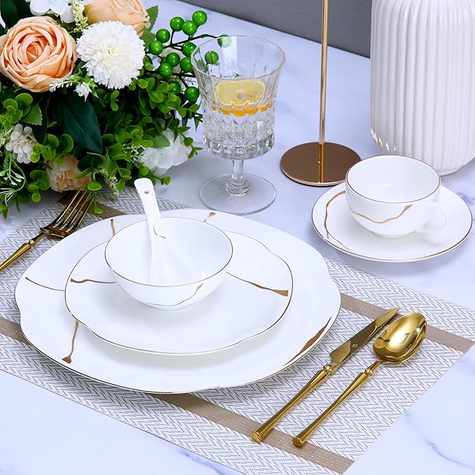 24 Piece White Porcelain Dinnerware set for 4,Plates and Bowls Sets With Gold Rim and gold accents,Highly Chip and Crack Resistant | Dishwasher Safe Dishes Set